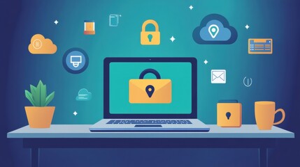 Poster - Secure Digital Workspace with Lock Icon and Cloud Symbols