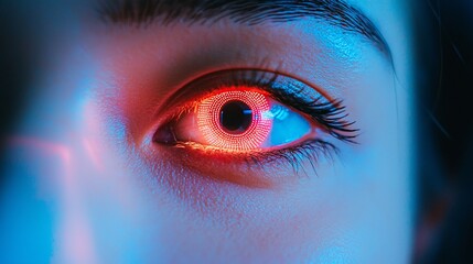 Poster - Close-up red eye, neon light, woman, face, dark background, science fiction