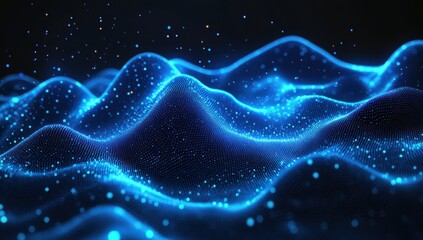 Poster - Abstract blue glowing waves design with particles, creating a dynamic digital landscape suitable for technology and graphic themes