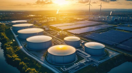 Wall Mural - Hydrogen storage solutions at a renewable energy facility, interconnected tanks surrounded by solar panels and wind turbines