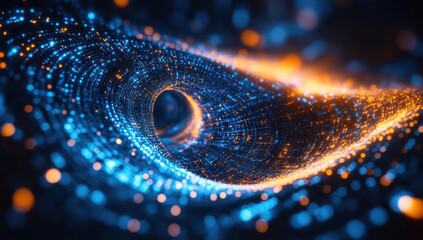 Poster - Abstract colorful swirl of glowing particles in a dark space reminiscent of a vortex or a digital galaxy with luminous blue and orange highlights