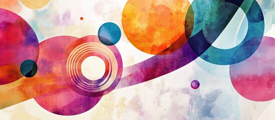 Fototapete - Colorful abstract watercolor artwork featuring large overlapping ovals and circles in red blue and orange against a soft light background