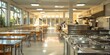 © Анастасия Гайкова - Modern school cafeteria with clean metal counters, empty tables, and chairs in bright natural light, featuring a staff member preparing meals in the background