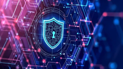 Poster - Futuristic digital security shield in dynamic motion with neon cyber background