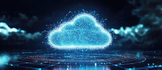 Poster - Digital blue cloud symbol with glowing particles, surrounded by dark clouds, positioned centrally in a futuristic digital landscape with circular patterns.