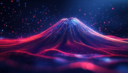 Poster - Abstract Digital Art Representation of a Volcano with Colorful Waves of Light and Particles Against a Dark Backdrop for Innovation and Science Concepts