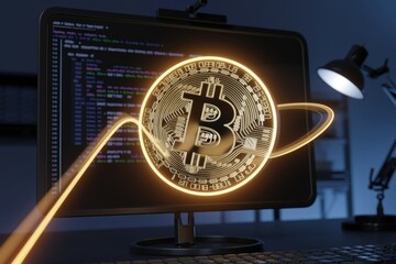 Poster - Glowing Bitcoin symbol orbits a computer screen displaying code, symbolizing cryptocurrency's digital nature and programming.