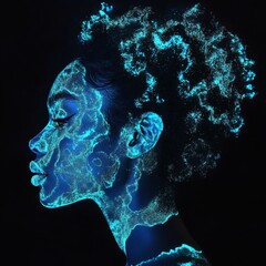 Poster - Detailed hyperrealistic silhouette of woman's head with upswept neon turquoise hair that glows brightly against a black background capturing luminous and vibrant contrasts