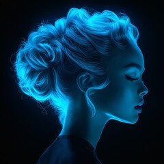 Poster - Detailed hyperrealistic silhouette of woman's head with upswept neon turquoise hair that glows brightly against a black background capturing luminous and vibrant contrasts