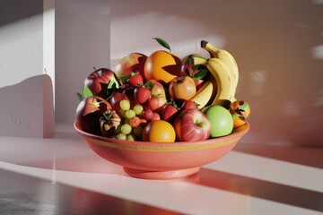 Poster - A vibrant fruit bowl overflowing with ripe apples, bananas, oranges, strawberries, and grapes, bathed in sunlight.