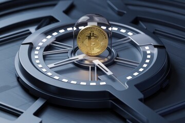 Poster - Bitcoin secured within a futuristic clock mechanism, symbolizing time, security, and cryptocurrency.