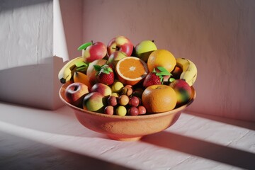 Poster - A terracotta bowl brimming with a vibrant array of fresh fruits, bathed in sunlight.