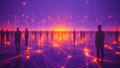 Poster - Abstract digital landscape with silhouettes of people standing amidst glowing connections and vibrant colors representing technology and networking innovations