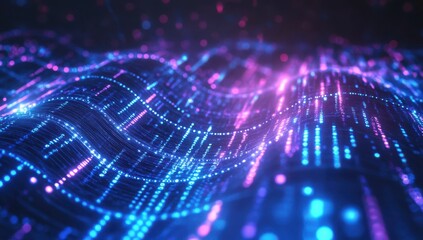 Fototapete - Abstract digital landscape with vibrant waves of blue and pink light representing data flow and technological innovation in a futuristic design