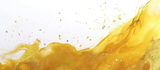 Fototapete - Abstract golden splash with vibrant yellow hues flowing from the left across a clean white background, showcasing dynamic fluid movement and texture.