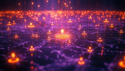 Poster - Abstract digital network with glowing nodes in purple and orange tones representing interconnected data streams and modern technology concepts