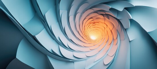 Fototapete - 3D abstract spiral with a soothing gray blue gradient and a central orange glow creating depth, balance, and harmony in color composition.
