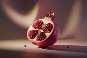 Poster - A vibrant half-pomegranate, showcasing juicy arils against a soft, blurred background.