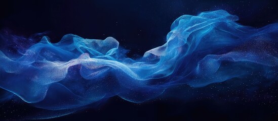 Poster - Wispy blue and white smoke-like textiles flowing elegantly across a dark background, creating an ethereal, dreamy atmosphere and soft movement.