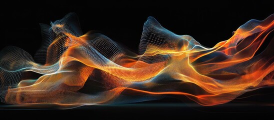 Fototapete - Vibrant abstract backdrop with flowing trails of orange, blue, and white light creating dynamic movement against a black background