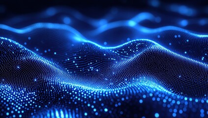 Poster - Abstract glowing blue wave patterns with sparkling particles creating a mesmerizing digital landscape of light and motion in dark environment