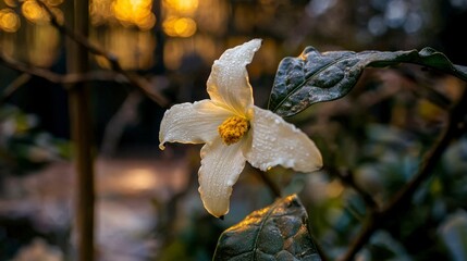 Dew Kissed White Flower Blossom in Soft Golden Sunlight Close Up Macro Photography