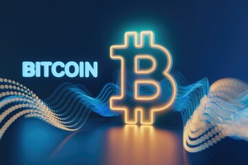 Poster - Neon Bitcoin symbol with digital wave background, representing cryptocurrency.