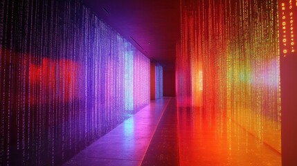 Wall Mural - colorful light installation with digital binary patterns in space