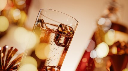 Poster - A refreshing amber drink with ice cubes, in a tall glass, festive bokeh background.