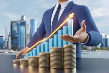 Fototapete - Businessman showcasing financial growth with upward trending graph and stacks of coins symbolizing increasing profits and wealth.