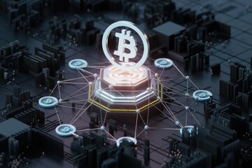 Poster - Bitcoin network visualized as a central node connected to smaller nodes representing transactions on a circuit board.