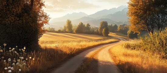 Wall Mural - Tranquil country road winding through golden fields at sunset with warm sunlight casting a serene glow over the landscape and mountains in the background