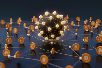 Poster - Bitcoin network visualization: interconnected nodes represent transactions and the decentralized nature of cryptocurrency.