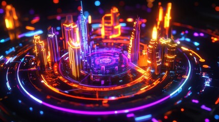 Poster - Vibrant Futuristic Cityscape with Neon Lights and Digital Circuits
