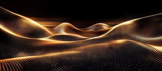 Fototapete - Futuristic abstract golden lightwave patterns on a smooth black background creating a modern innovative atmosphere with dynamic flowing shapes.