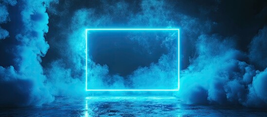 Poster - Vibrant glowing neon blue frame with smoke background centered in composition offers ample copy space for creative concepts and festive designs