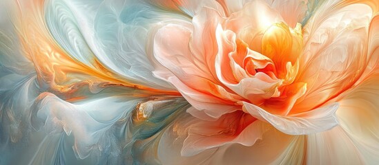 Poster - Abstract rose in soft pastel hues of peach and orange swirling with ethereal light and delicate textures, evoking warmth and tenderness.