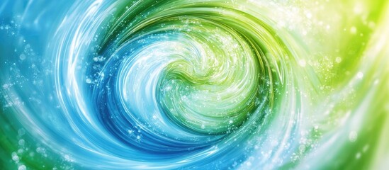 Fototapete - Dynamic swirling particles in vibrant blue and green hues create a captivating and mesmerizing design with a soft glowing effect center.