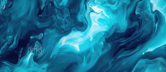 Poster - Dynamic turquoise and navy liquid textures merge seamlessly on a tranquil blue backdrop, creating a serene abstract atmosphere for creative designs