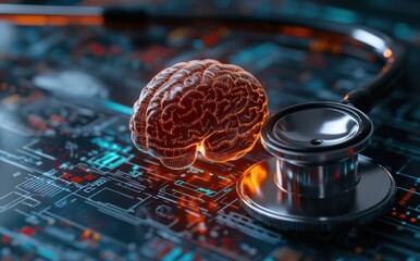 Poster - Abstract representation of a human brain and stethoscope on a futuristic digital background with technological circuits and glowing elements