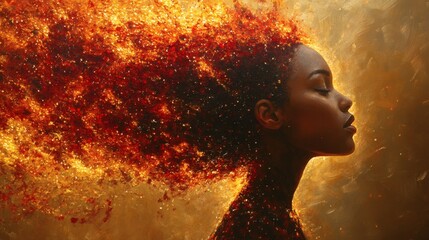 Fototapete - Dynamic abstract the profile of a woman emerges from a whirlwind of red gemstones and golden cosmic textures Deep shadows create contrast enhancing the sense of beauty and transformation