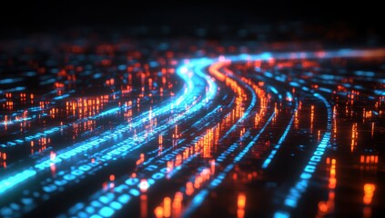 Poster - Abstract representation of digital data flow with glowing blue and red lines on a dark background, symbolizing technology and connectivity in the digital age