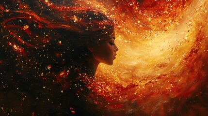 Poster - dynamic abstract the profile of a woman emerges from a whirlwind of red gemstones and golden cosmic 
