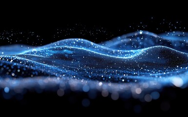 Poster - Abstract representation of shimmering waves and particles in blue tones over a dark background creating a mesmerizing ocean-like effect