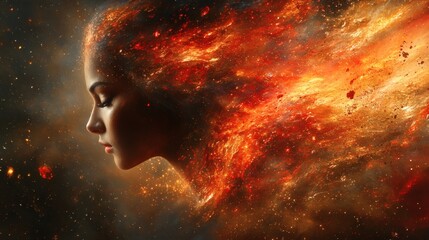Poster - Dynamic abstract the profile of a woman emerges from a whirlwind of red gemstones and golden cosmic textures Deep shadows create contrast enhancing the sense of beauty and transformation