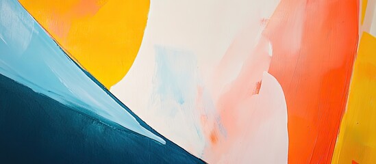 Poster - Abstract painting embracing simplicity with bold colors of orange, yellow, and blue flowing across a soft, white background, depicting clarity and minimalism.