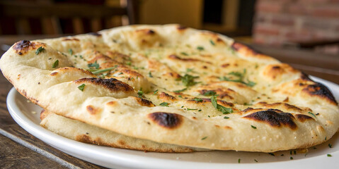 Flatbread, garlic naan, close-up, golden brown, charred spots, fresh herbs, aromatic spices, restaurant plating, white ceramic plate, rustic background, warm tones, appetizing, soft texture, Indian