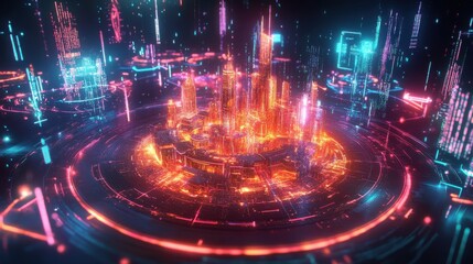 Poster - Futuristic Cityscape with Neon Lights and Digital Effects