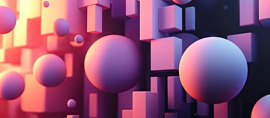 Fototapete - Colorful abstract composition of smooth glossy spheres and pixelated cubes in shades of pink, purple, and black arranged dynamically against a dark background