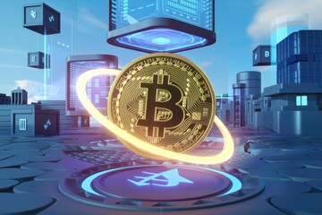 Poster - Bitcoin cryptocurrency in futuristic cityscape, showcasing blockchain technology and digital finance.